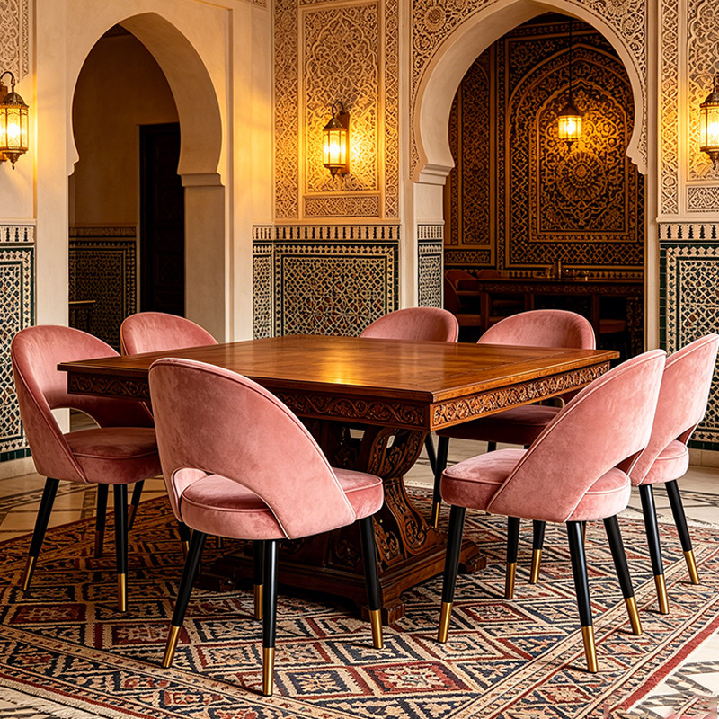 Elegant Hotel Pink Velvet Dining Chair With Gold Metal Legs 