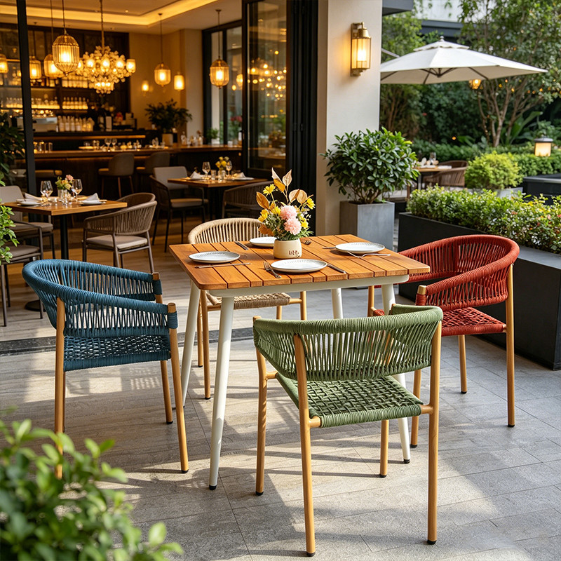 Commercial Outdoor Hotel Rope Weave Wood-Look Arm Chair