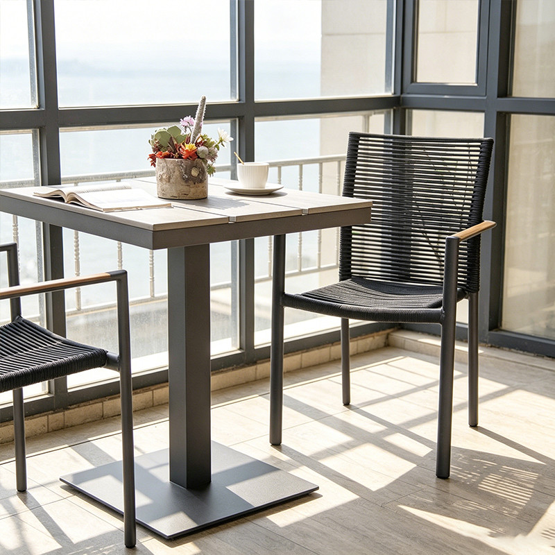 Square Slatted Plastic Wood Top Outdoor Hotel Dining Table