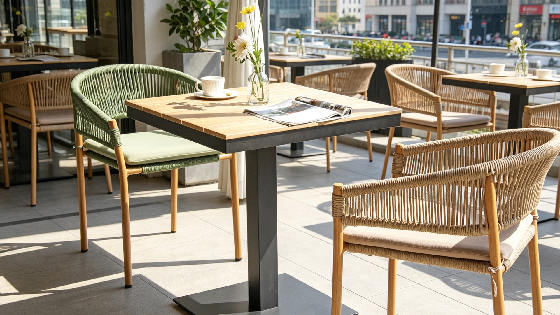 Square Slatted Plastic Wood Top Outdoor Hotel Dining Table