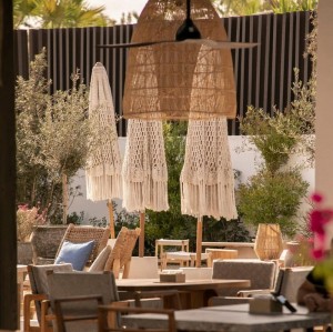 Bohemian Crochet Fringe Outdoor Umbrella With Sturdy Base For Hotel And Resort Lounges