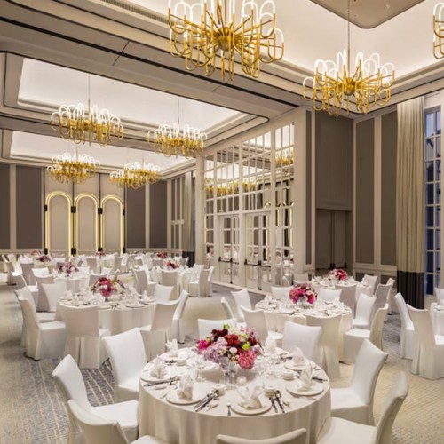 Luxury Event Table Decor With White Linens And Floral Arrangements For Hotel Ballroom