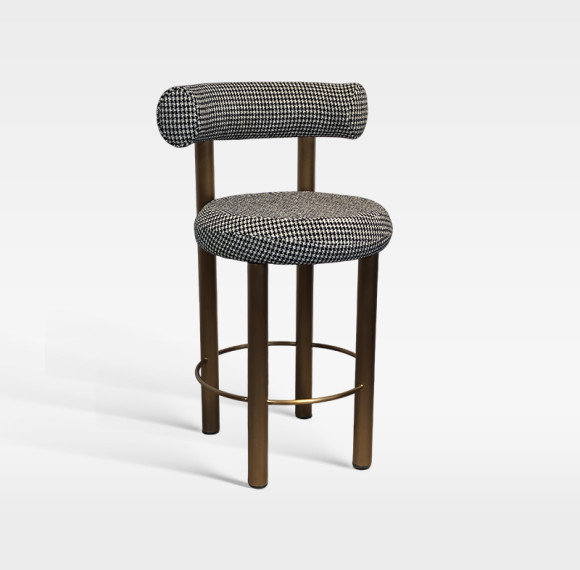 Upholstered Textured Fabric Counter Bar Chair With Bronze Metal Legs For Hotel Bar