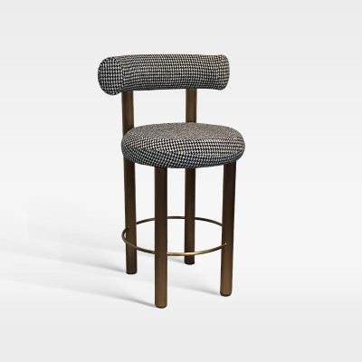 Upholstered Textured Fabric Counter Bar Chair With Bronze Metal Legs For Hotel Bar