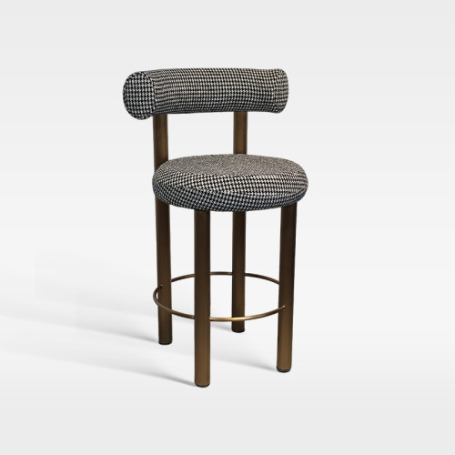 Upholstered Textured Fabric Counter Bar Chair With Bronze Metal Legs For Hotel Bar