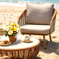 Handwoven Gradient Outdoor Sofa Set Weather Resistant Rope Sofa With Coffee Table