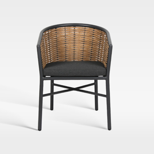 All Weather Synthetic Wicker Dining Chair With Black Metal Frame And Cushion For Hotel Patio Use