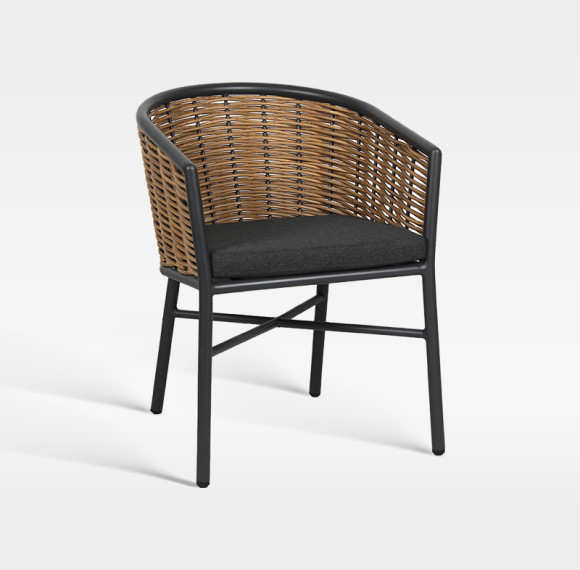 All Weather Synthetic Wicker Dining Chair With Black Metal Frame And Cushion For Hotel Patio Use