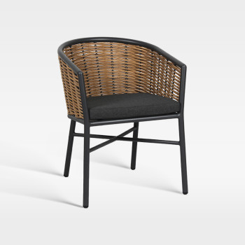 All Weather Synthetic Wicker Dining Chair With Black Metal Frame And Cushion For Hotel Patio Use
