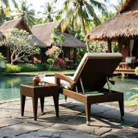 Luxury Hand Carved Woven Wicker Chaise Longue Set Stain Resistant Soft Seat For Beach Swimming Pool
