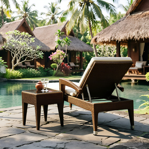 Luxury Hand Carved Woven Wicker Chaise Longue Set Stain Resistant Soft Seat For Beach Swimming Pool
