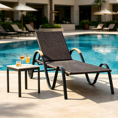 Curved Wave Aluminum Frame Wicker Sun Lounger Chair With Wooden Arm For Hotel Pool Terrace