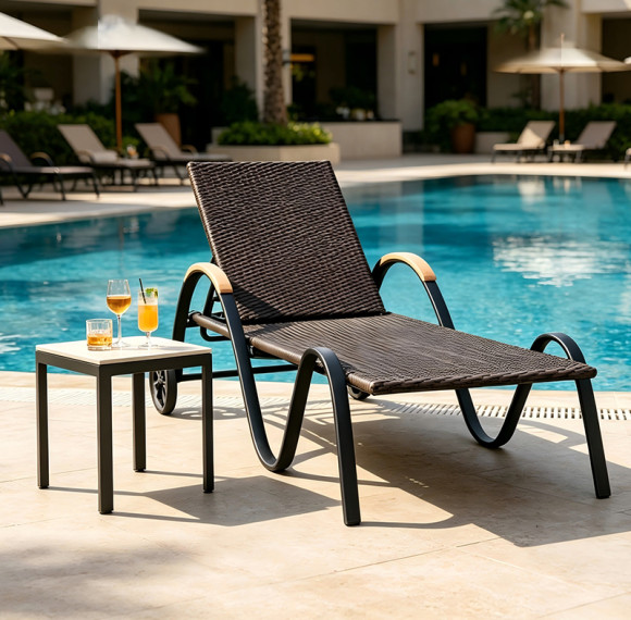 Curved Wave Aluminum Frame Wicker Sun Lounger Chair With Wooden Arm For Hotel Pool Terrace