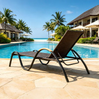 Curved Wave Aluminum Frame Wicker Sun Lounger Chair With Wooden Arm For Hotel Pool Terrace