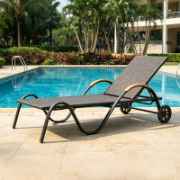 Curved Wave Aluminum Frame Wicker Sun Lounger Chair With Wooden Arm For Hotel Pool Terrace