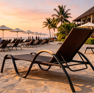 Curved Wave Aluminum Frame Wicker Sun Lounger Chair With Wooden Arm For Hotel Pool Terrace