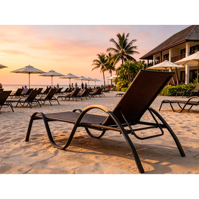Curved Wave Aluminum Frame Wicker Sun Lounger Chair With Wooden Arm For Hotel Pool Terrace