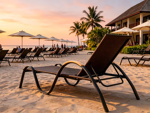 Curved Wave Aluminum Frame Wicker Sun Lounger Chair With Wooden Arm For Hotel Pool Terrace