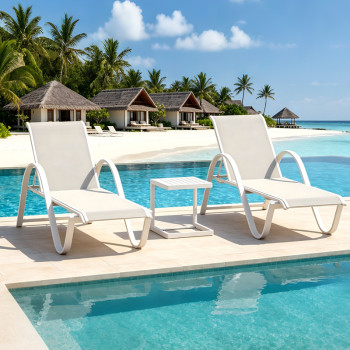 Poolside Aluminum Chaise Lounge Side Table Set Weather Resistant Textilene Outdoor Recliner Furniture