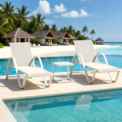 Poolside Aluminum Chaise Lounge Side Table Set Weather Resistant Textilene Outdoor Recliner Furniture