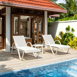 Poolside Aluminum Chaise Lounge Side Table Set Weather Resistant Textilene Outdoor Recliner Furniture