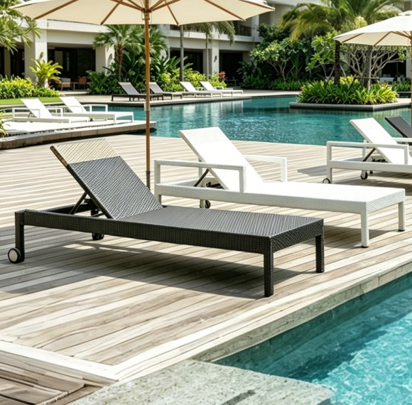 Weather Resistant Synthetic Rattan Recline Chaise Bed With Wheels For Villa Backyard Hotel Patio