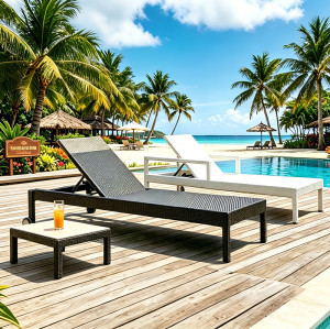 Weather Resistant Synthetic Rattan Recline Chaise Bed With Wheels For Villa Backyard Hotel Patio