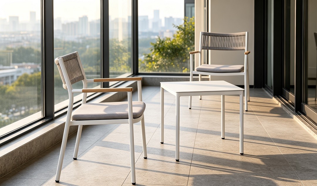Space saving urban hotel balcony furniture set with white aluminum frame, rope woven backrest, and wood armrests in a guest room balcony overlooking the city