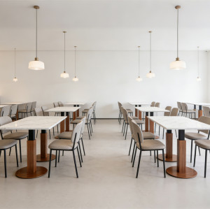 Modern Square Pedestal Table Base with Walnut Wood Grain | Commercial Restaurant Table Legs