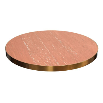 Round Red Travertine Sintered Stone Table Top | Matte Finish with Brushed Rose Gold Stainless Steel Rim