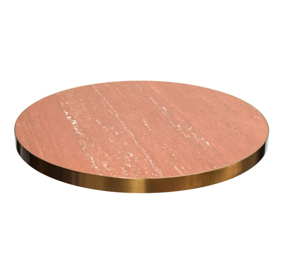 Round Red Travertine Sintered Stone Table Top | Matte Finish with Brushed Rose Gold Stainless Steel Rim