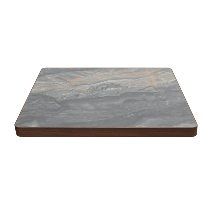 Square Grey Marble-Look Sintered Stone Table Top | Dark Walnut Aluminum Rim