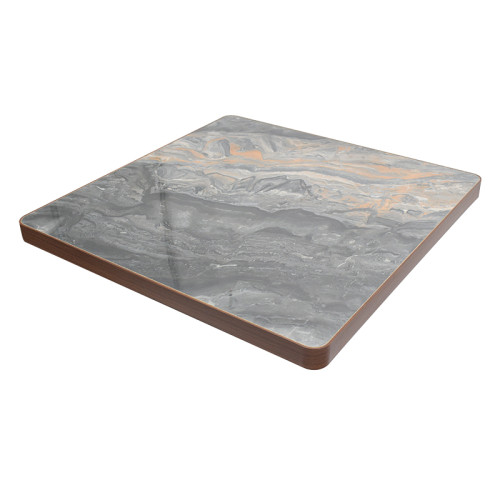 Square Grey Marble-Look Sintered Stone Table Top | Dark Walnut Aluminum Rim