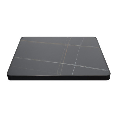 Square Grey Marble-Look Sintered Stone Table Top | Dark Walnut Aluminum Rim