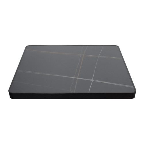 Square Grey Marble-Look Sintered Stone Table Top | Dark Walnut Aluminum Rim
