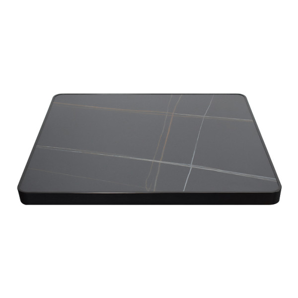 Square Grey Marble-Look Sintered Stone Table Top | Dark Walnut Aluminum Rim