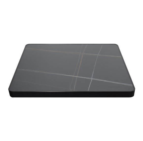 Square Grey Marble-Look Sintered Stone Table Top | Dark Walnut Aluminum Rim