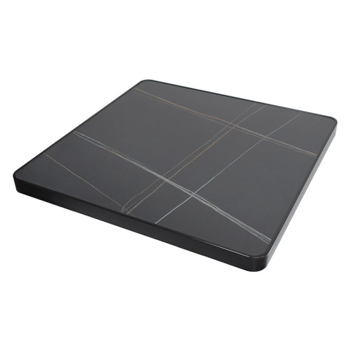 Square Grey Marble-Look Sintered Stone Table Top | Dark Walnut Aluminum Rim