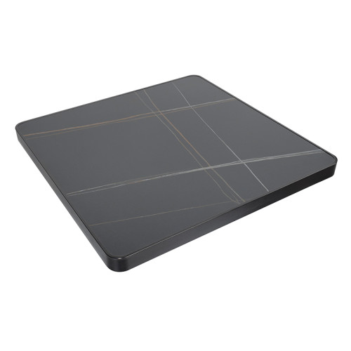 Square Grey Marble-Look Sintered Stone Table Top | Dark Walnut Aluminum Rim