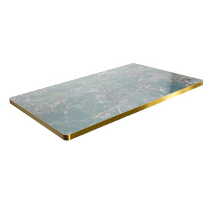 Rectangular Turquoise Marble-Look Sintered Stone Table Top | Brushed Titanium Gold 201 Stainless Steel Rim