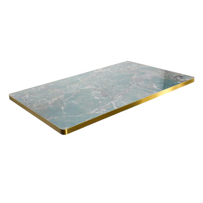 Rectangular Turquoise Marble-Look Sintered Stone Table Top | Brushed Titanium Gold 201 Stainless Steel Rim