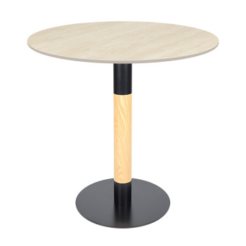 Round Beige Travertine Dining Table | Modern Cafe Table with Wood Grain & Black Metal Base
