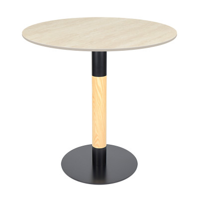 Round Beige Travertine Dining Table | Modern Cafe Table with Wood Grain & Black Metal Base