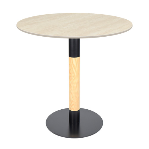 Round Beige Travertine Dining Table | Modern Cafe Table with Wood Grain & Black Metal Base