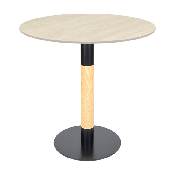 Round Beige Travertine Dining Table | Modern Cafe Table with Wood Grain & Black Metal Base