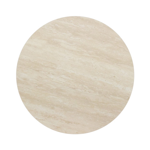 Round Beige Travertine Dining Table | Modern Cafe Table with Wood Grain & Black Metal Base