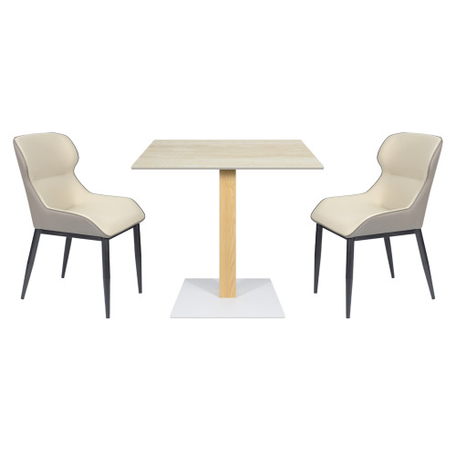 Square Dining Table | Minimalist Cafe Table with Wood Grain & White Metal Base