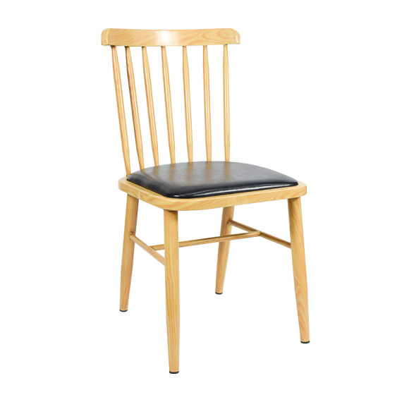 Wood-Look Metal Dining Chair with Black PU Cushion | Modern upholstered dining chairs