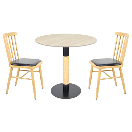 Round Beige Travertine Dining Table | Modern Cafe Table with Wood Grain & Black Metal Base