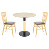 Round Beige Travertine Dining Table | Modern Cafe Table with Wood Grain & Black Metal Base